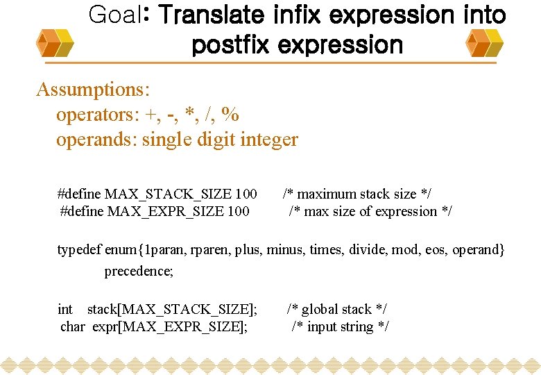 Goal: Translate infix expression into postfix expression Assumptions: operators: +, -, *, /, %
