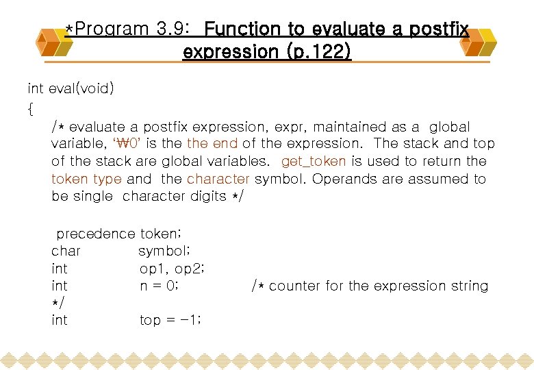 *Program 3. 9: Function to evaluate a postfix expression (p. 122) int eval(void) {