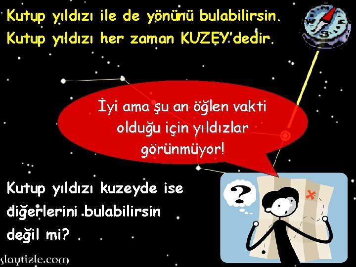 Kutup yıldızı ile de yönünü bulabilirsin. Kutup yıldızı her zaman KUZEY’dedir. İyi ama şu