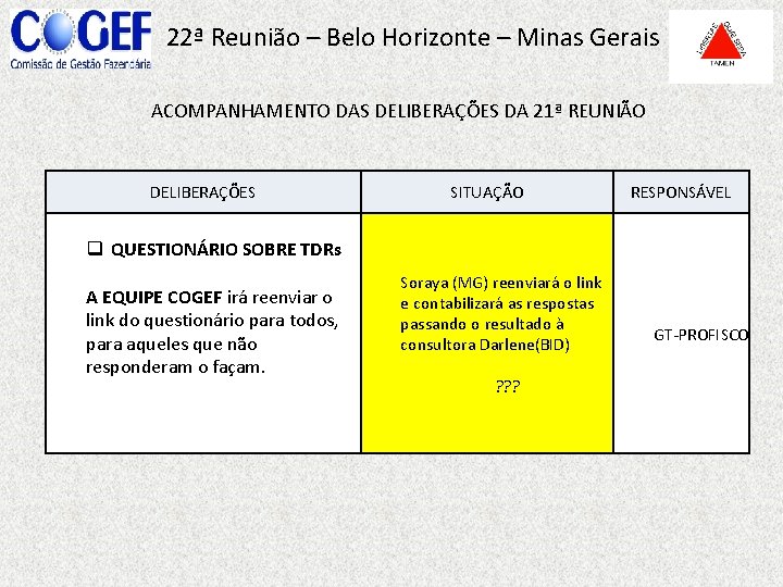 22ª Reunião – Belo Horizonte – Minas Gerais ACOMPANHAMENTO DAS DELIBERAÇÕES DA 21ª REUNIÃO