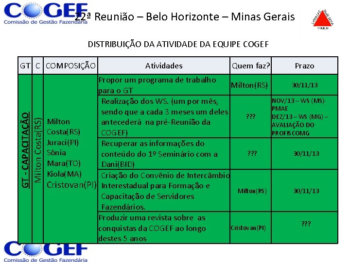 22ª Reunião – Belo Horizonte – Minas Gerais DISTRIBUIÇÃO DA ATIVIDADE DA EQUIPE COGEF