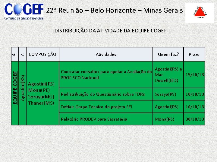 22ª Reunião – Belo Horizonte – Minas Gerais DISTRIBUIÇÃO DA ATIVIDADE DA EQUIPE COGEF