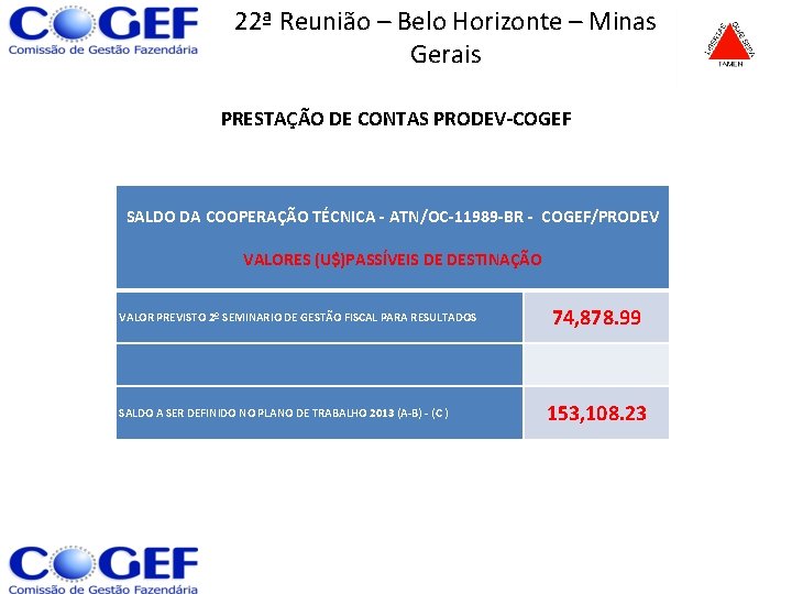 22ª Reunião – Belo Horizonte – Minas Gerais PRESTAÇÃO DE CONTAS PRODEV-COGEF SALDO DA