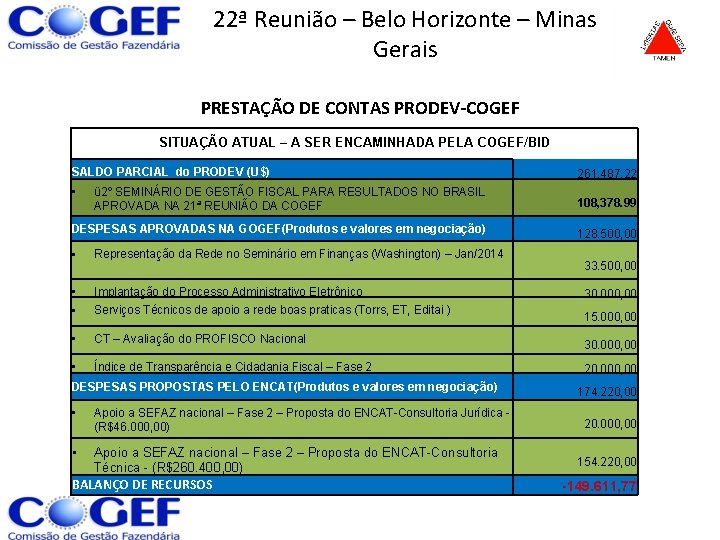 22ª Reunião – Belo Horizonte – Minas Gerais PRESTAÇÃO DE CONTAS PRODEV-COGEF SITUAÇÃO ATUAL