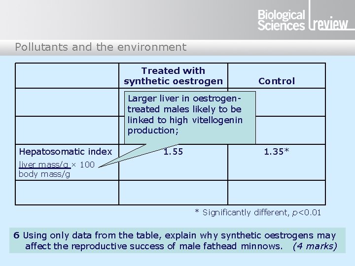 Pollutants and the environment Treated with synthetic oestrogen Control Larger liver in oestrogentreated males Pollutants and the environment Treated with synthetic oestrogen Control Larger liver in oestrogentreated males