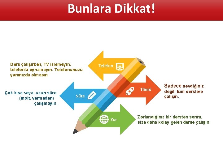 Bunlara Dikkat! Ders çalışırken, TV izlemeyin, telefonla oynamayın. Telefonunuzu yanınızda olmasın Çok kısa veya