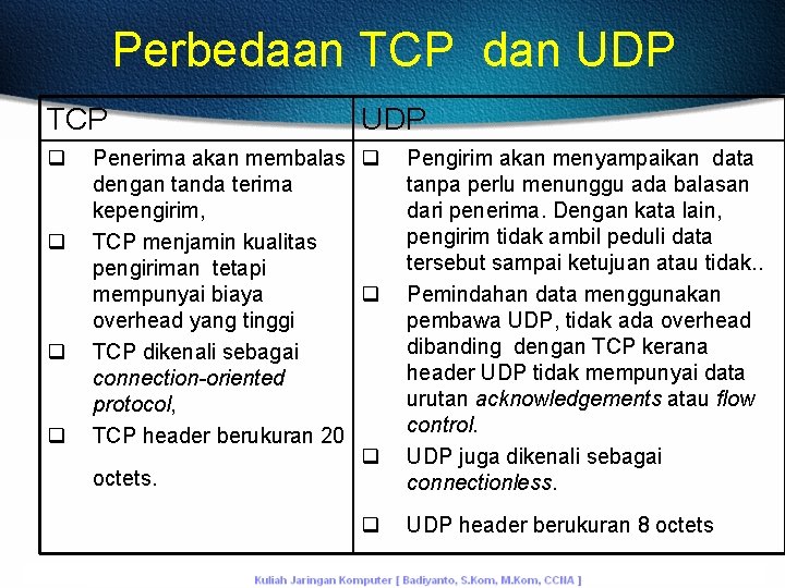 Perbedaan TCP dan UDP TCP q q UDP Penerima akan membalas q dengan tanda