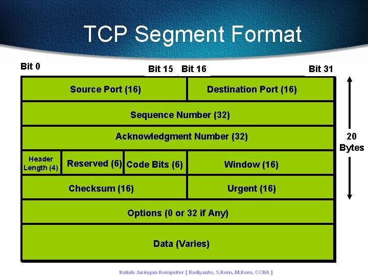 TCP Segment Format Bit 0 Bit 15 Bit 16 Source Port (16) Bit 31