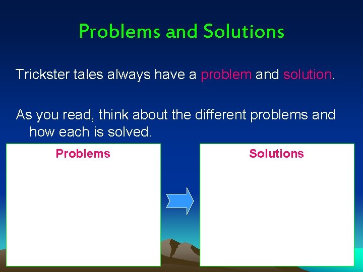 Problems and Solutions Trickster tales always have a problem and solution. As you read,