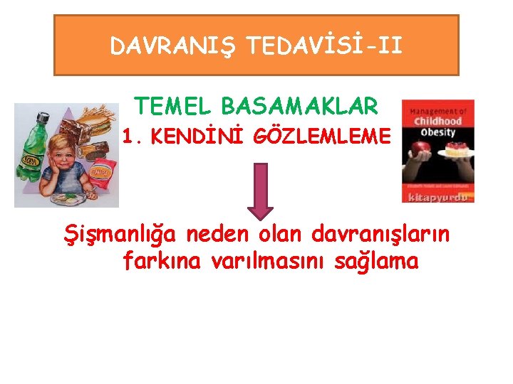 DAVRANIŞ TEDAVİSİ-II TEMEL BASAMAKLAR 1. KENDİNİ GÖZLEMLEME Şişmanlığa neden olan davranışların farkına varılmasını sağlama