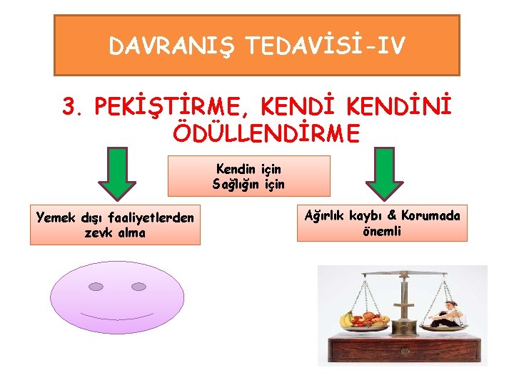 DAVRANIŞ TEDAVİSİ-IV 3. PEKİŞTİRME, KENDİNİ ÖDÜLLENDİRME Kendin için Sağlığın için Yemek dışı faaliyetlerden zevk