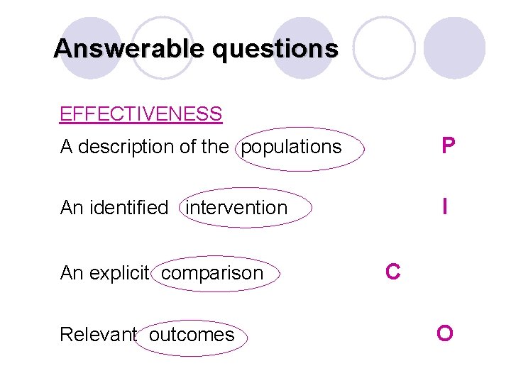 Answerable questions EFFECTIVENESS A description of the populations P An identified intervention I An