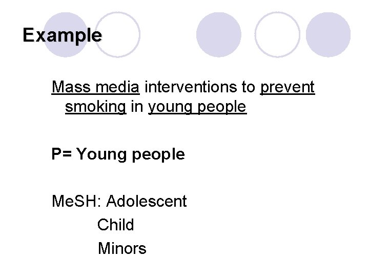 Example Mass media interventions to prevent smoking in young people P= Young people Me.