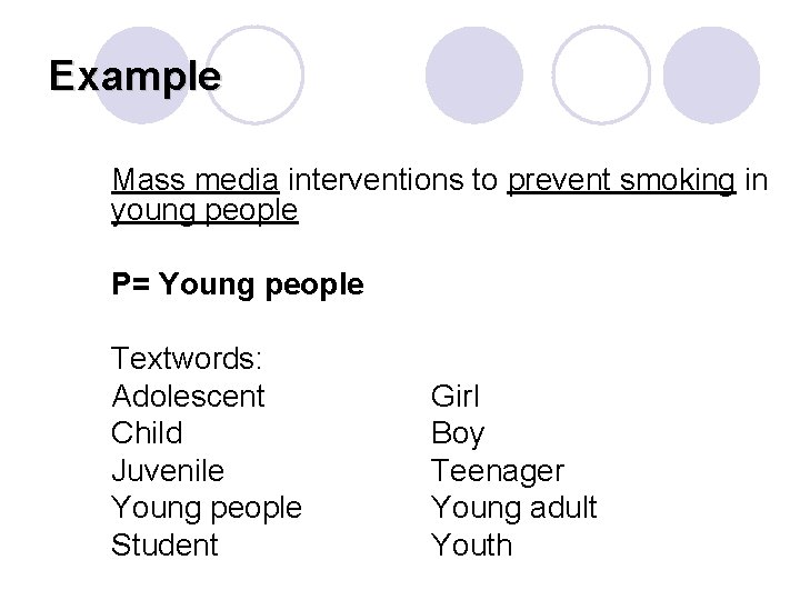 Example Mass media interventions to prevent smoking in young people P= Young people Textwords: