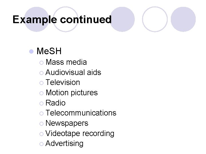Example continued l Me. SH ¡ Mass media ¡ Audiovisual aids ¡ Television ¡