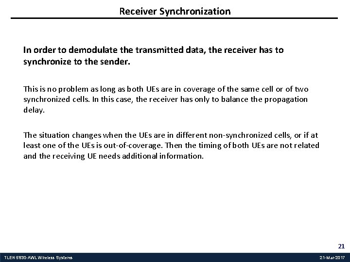Receiver Synchronization In order to demodulate the transmitted data, the receiver has to synchronize