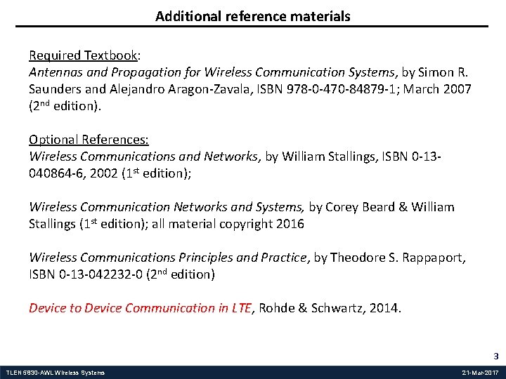 Additional reference materials Required Textbook: Antennas and Propagation for Wireless Communication Systems, by Simon