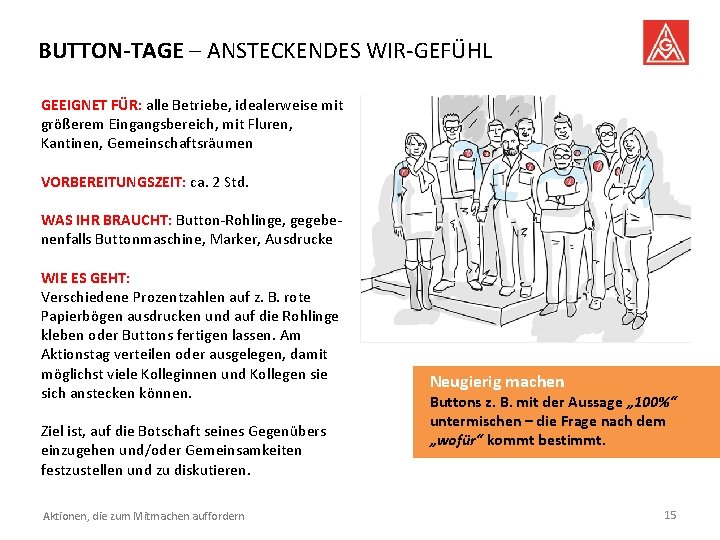 BUTTON-TAGE – ANSTECKENDES WIR-GEFÜHL GEEIGNET FÜR: alle Betriebe, idealerweise mit größerem Eingangsbereich, mit Fluren,