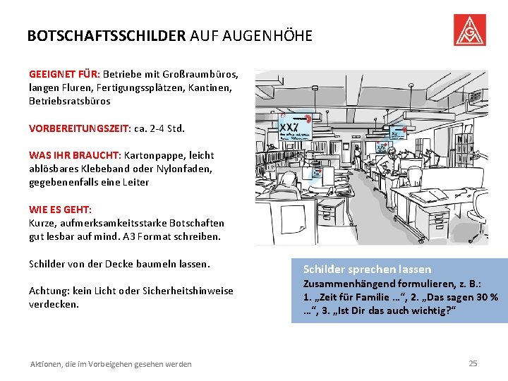 BOTSCHAFTSSCHILDER AUF AUGENHÖHE GEEIGNET FÜR: Betriebe mit Großraumbüros, langen Fluren, Fertigungssplätzen, Kantinen, Betriebsratsbüros VORBEREITUNGSZEIT: