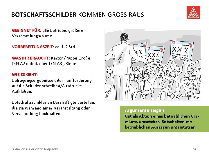 BOTSCHAFTSSCHILDER KOMMEN GROSS RAUS GEEIGNET FÜR: alle Betriebe, größere Versammlungsräume VORBEREITUNGSZEIT: ca. 1 -2