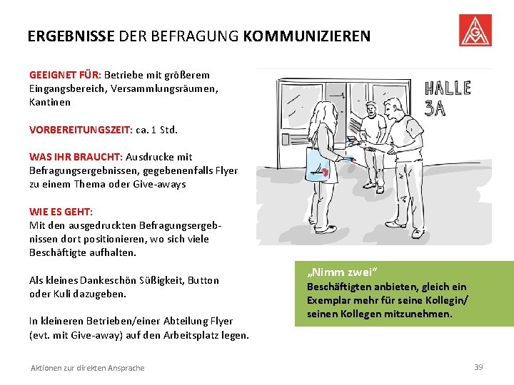 ERGEBNISSE DER BEFRAGUNG KOMMUNIZIEREN GEEIGNET FÜR: Betriebe mit größerem Eingangsbereich, Versammlungsräumen, Kantinen VORBEREITUNGSZEIT: ca.