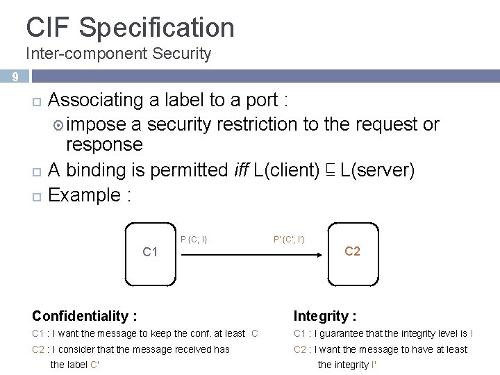 CIF Specification Inter-component Security 9 Associating a label to a port : impose a