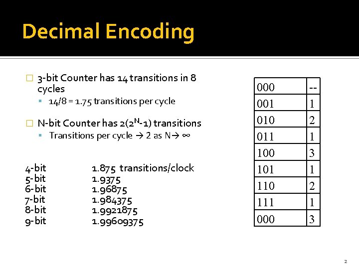 Decimal Encoding � 3 -bit Counter has 14 transitions in 8 cycles 14/8 =