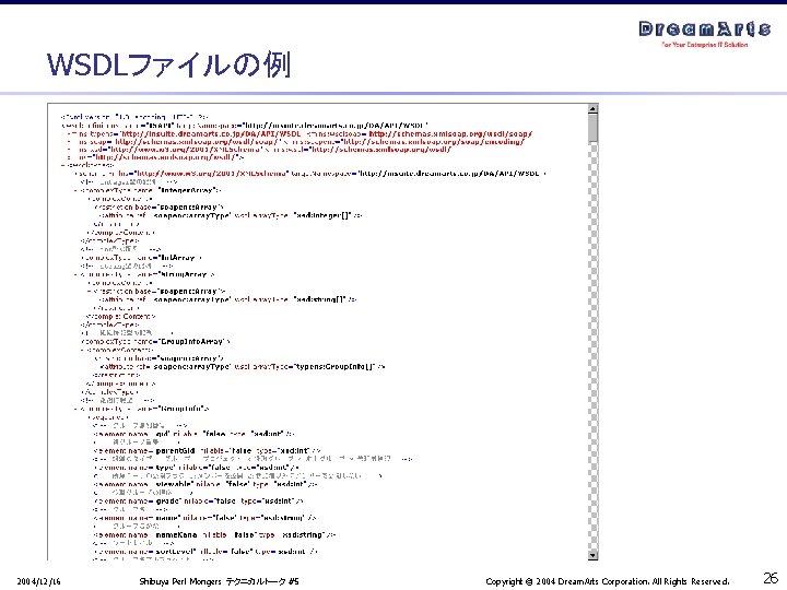 WSDLファイルの例 2004/12/16 Shibuya Perl Mongers テクニカルトーク #5 Copyright © 2004 Dream. Arts Corporation. All