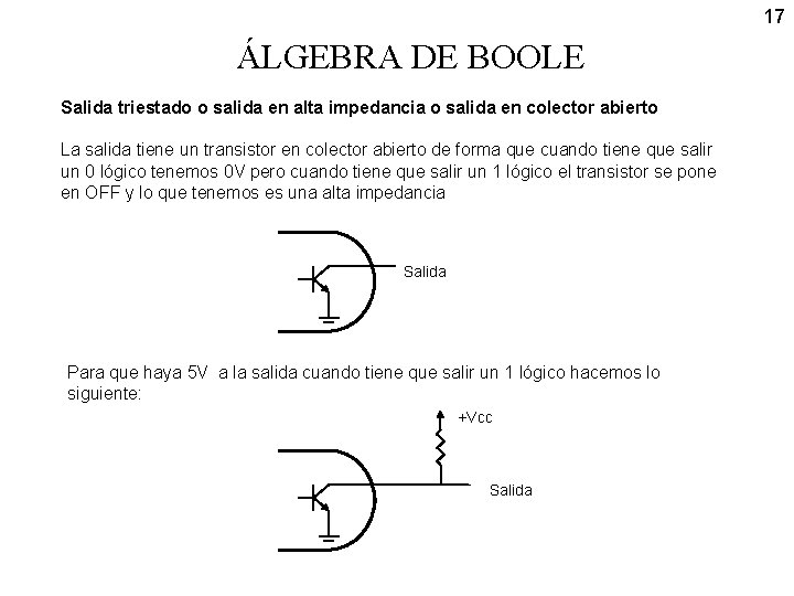 17 ÁLGEBRA DE BOOLE Salida triestado o salida en alta impedancia o salida en