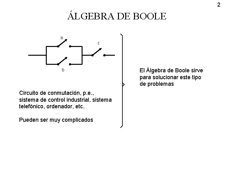 2 ÁLGEBRA DE BOOLE a c b Circuito de conmutación, p. e. , sistema