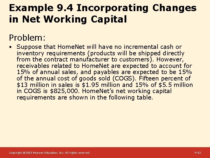 Example 9. 4 Incorporating Changes in Net Working Capital Problem: • Suppose that Home.