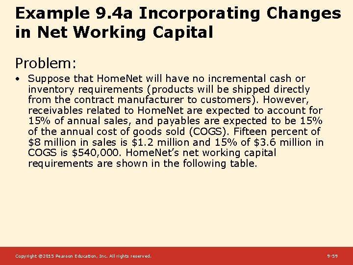 Example 9. 4 a Incorporating Changes in Net Working Capital Problem: • Suppose that