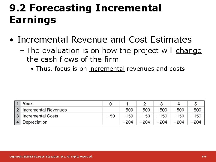 9. 2 Forecasting Incremental Earnings • Incremental Revenue and Cost Estimates – The evaluation