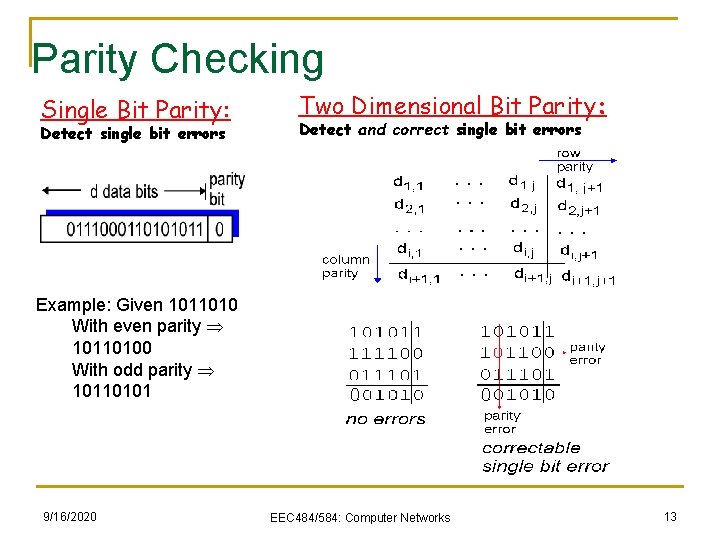 Parity Checking Single Bit Parity: Detect single bit errors Example: Given 1011010 With even