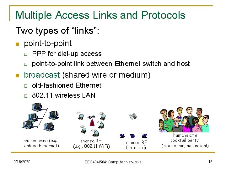 Multiple Access Links and Protocols Two types of “links”: n point-to-point q q n