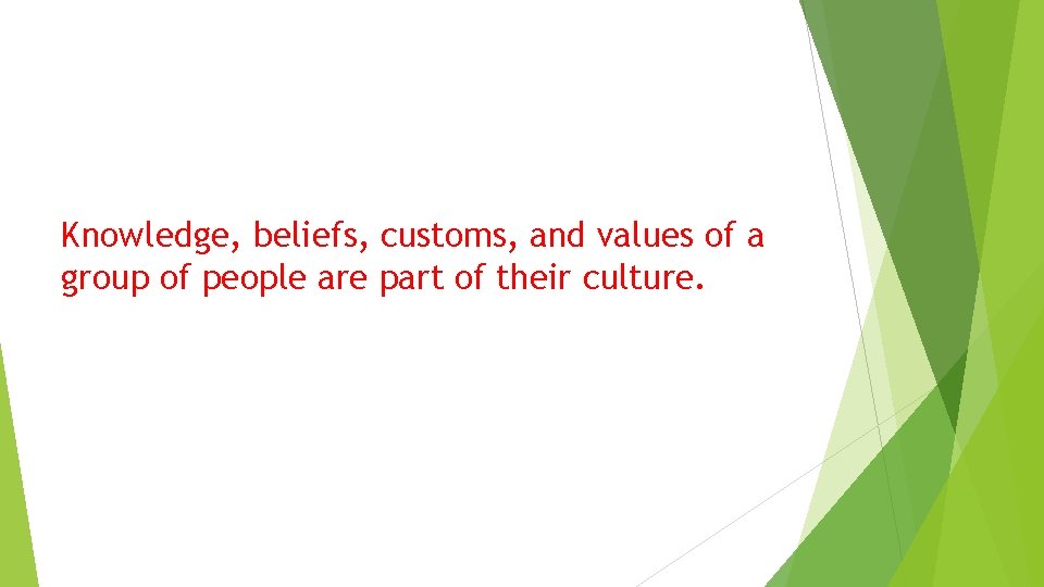 Knowledge, beliefs, customs, and values of a group of people are part of their