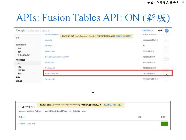 靜宜大學資管系 楊子青 14 APIs: Fusion Tables API: ON (新版) 
