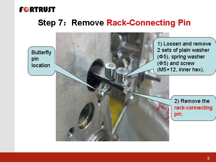 Step 7：Remove Rack-Connecting Pin Butterfly pin location 1) Loosen and remove 2 sets of