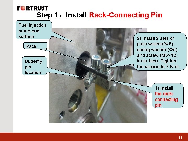 Step 1：Install Rack-Connecting Pin Fuel injection pump end surface Rack Butterfly pin location 2)