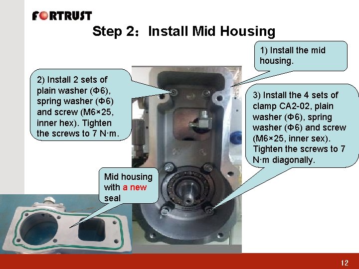 Step 2：Install Mid Housing 1) Install the mid housing. 2) Install 2 sets of