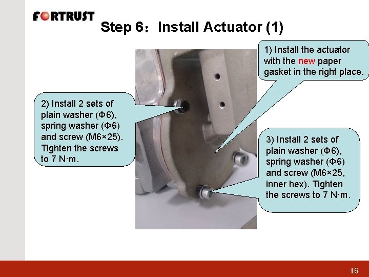 Step 6：Install Actuator (1) 1) Install the actuator with the new paper gasket in
