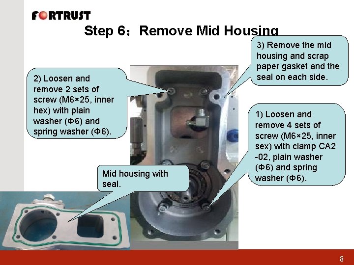 Step 6：Remove Mid Housing 2) Loosen and remove 2 sets of screw (M 6×