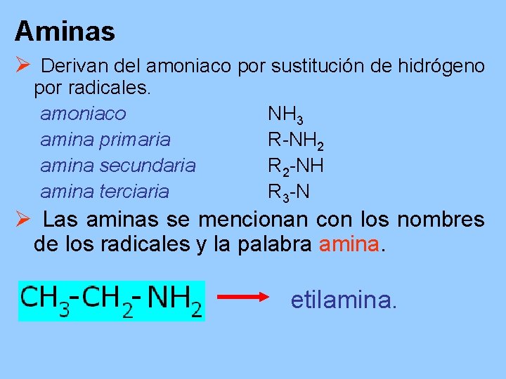 Aminas Ø Derivan del amoniaco por sustitución de hidrógeno por radicales. amoniaco amina primaria