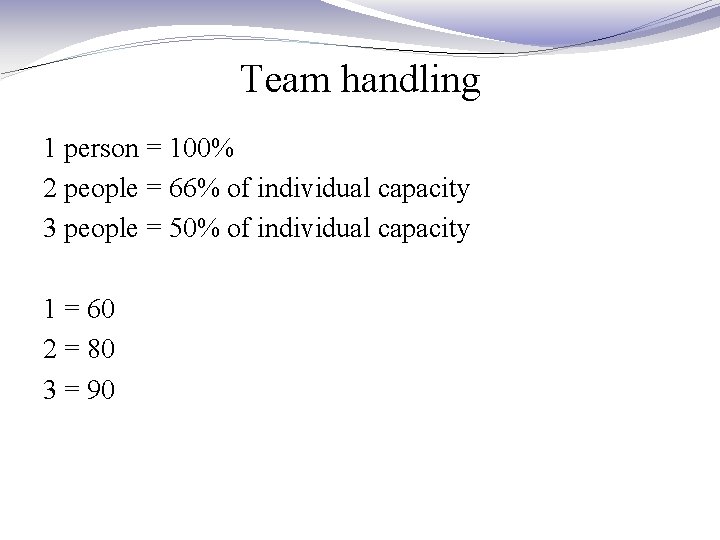 Team handling 1 person = 100% 2 people = 66% of individual capacity 3