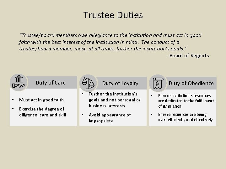 Trustee Duties “Trustee/board members owe allegiance to the institution and must act in good
