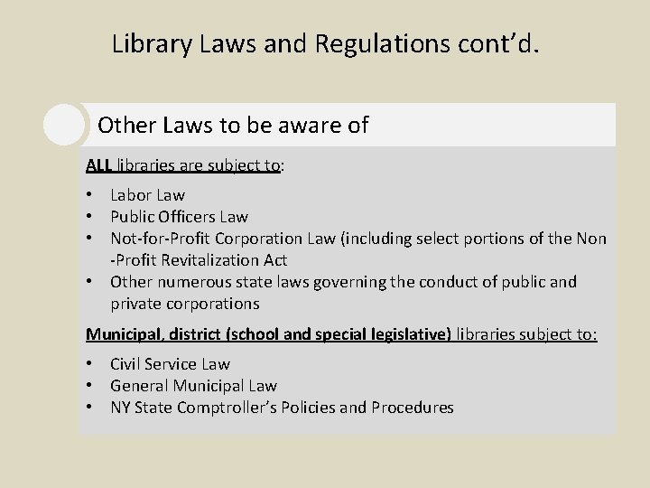 Library Laws and Regulations cont’d. Other Laws to be aware of ALL libraries are