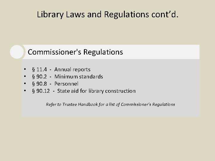 Library Laws and Regulations cont’d. Commissioner's Regulations • • § 11. 4 - Annual