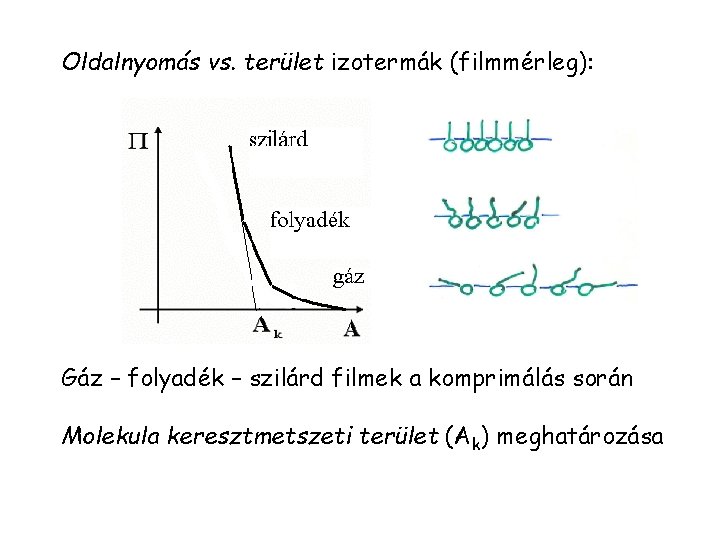 Oldalnyomás vs. terület izotermák (filmmérleg): Gáz – folyadék – szilárd filmek a komprimálás során