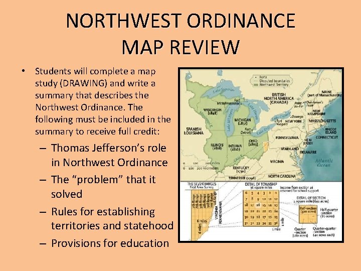 NORTHWEST ORDINANCE MAP REVIEW • Students will complete a map study (DRAWING) and write