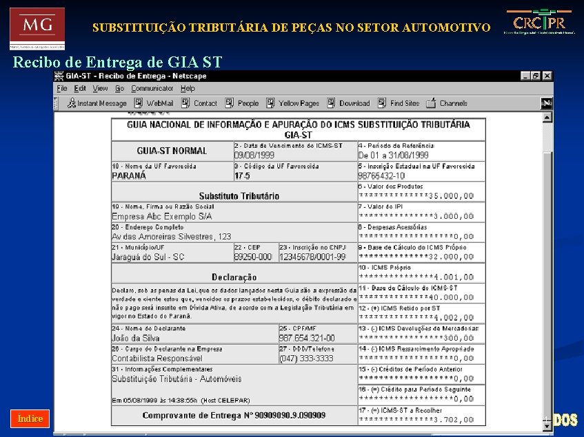 SUBSTITUIÇÃO TRIBUTÁRIA DE PEÇAS NO SETOR AUTOMOTIVO Recibo de Entrega de GIA ST Índice